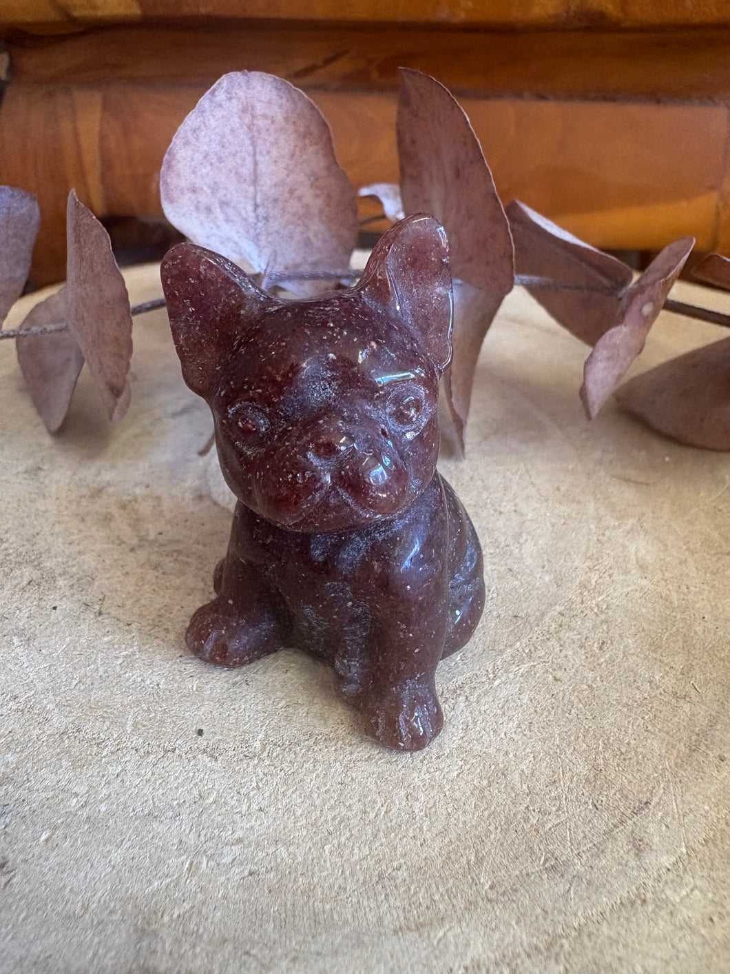 Strawberry Quartz Dog Carving SKU 25592A