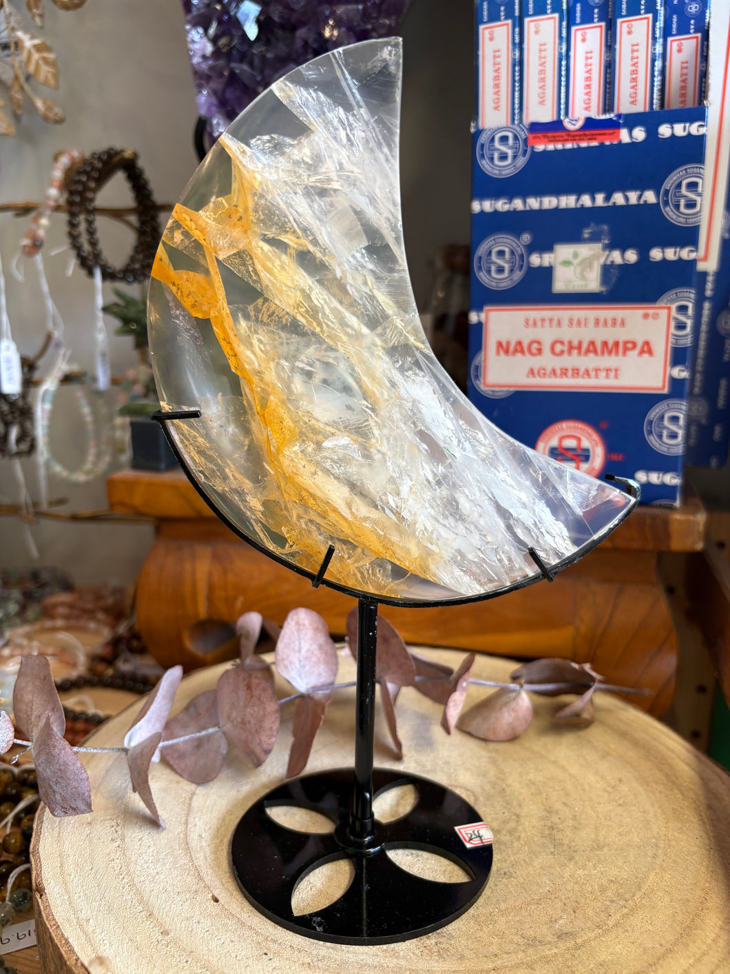 Golden Healer Quartz Moon on Stand SKU 26490