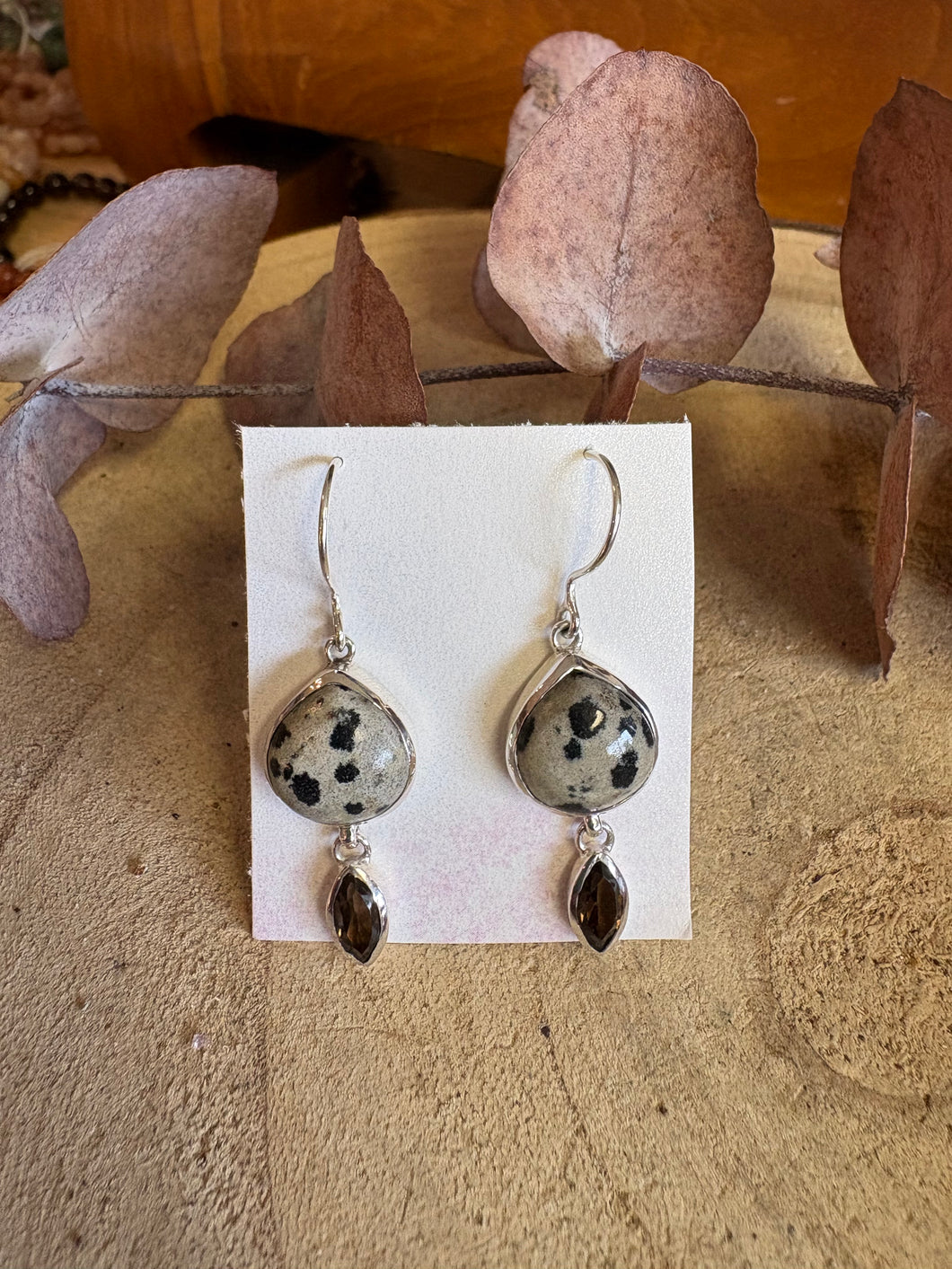 Entia Sterling Silver Dalmatian Jasper & Smoky Quartz Drop Earrings SKU 25891