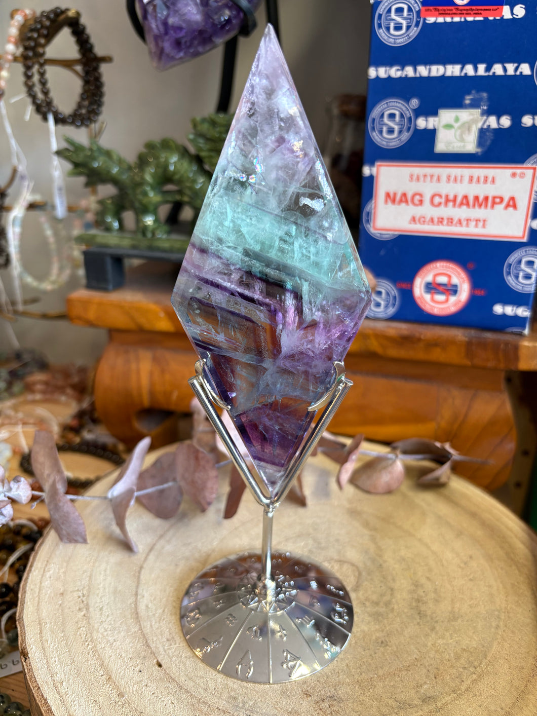 Rainbow Fluorite Diamond on Stand SKU 26450
