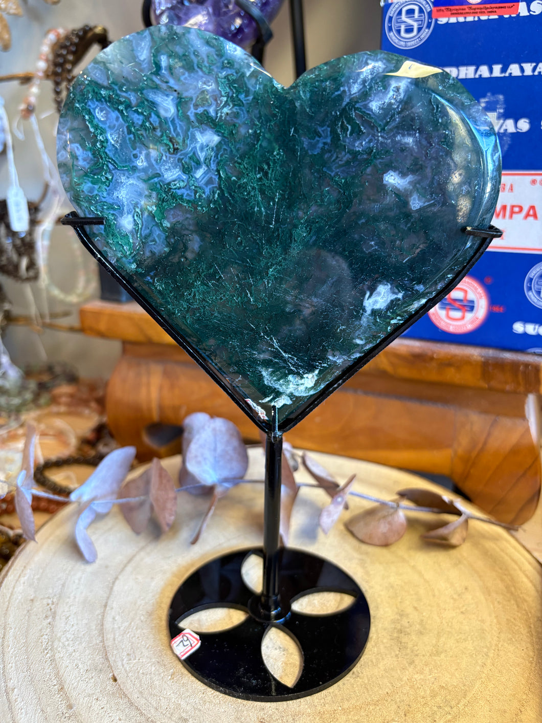 Moss Agate Heart in Stand SKU 26487