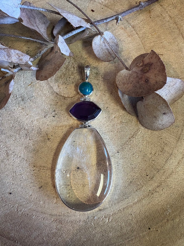 Entia Sterling Silver Clear Quartz, Amethyst & Chrysocolla Pendant SKU 24728