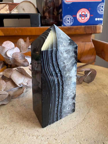Black Banded Agate & Quartz Obelisk SKU 25072