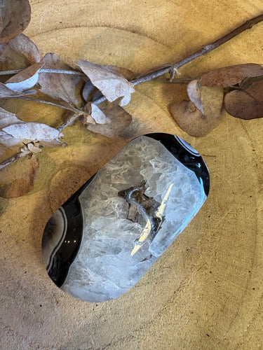 Black Banded Agate & Quartz Palm Stone SKU 25066