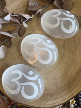 Selenite ‘Om’ Palm Stone SKU 24372