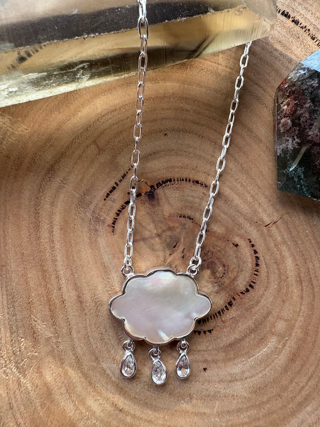 Entia Sterling Silver Mother of Pearl Cloud & White Topaz Raindrop Necklace SKU 26422