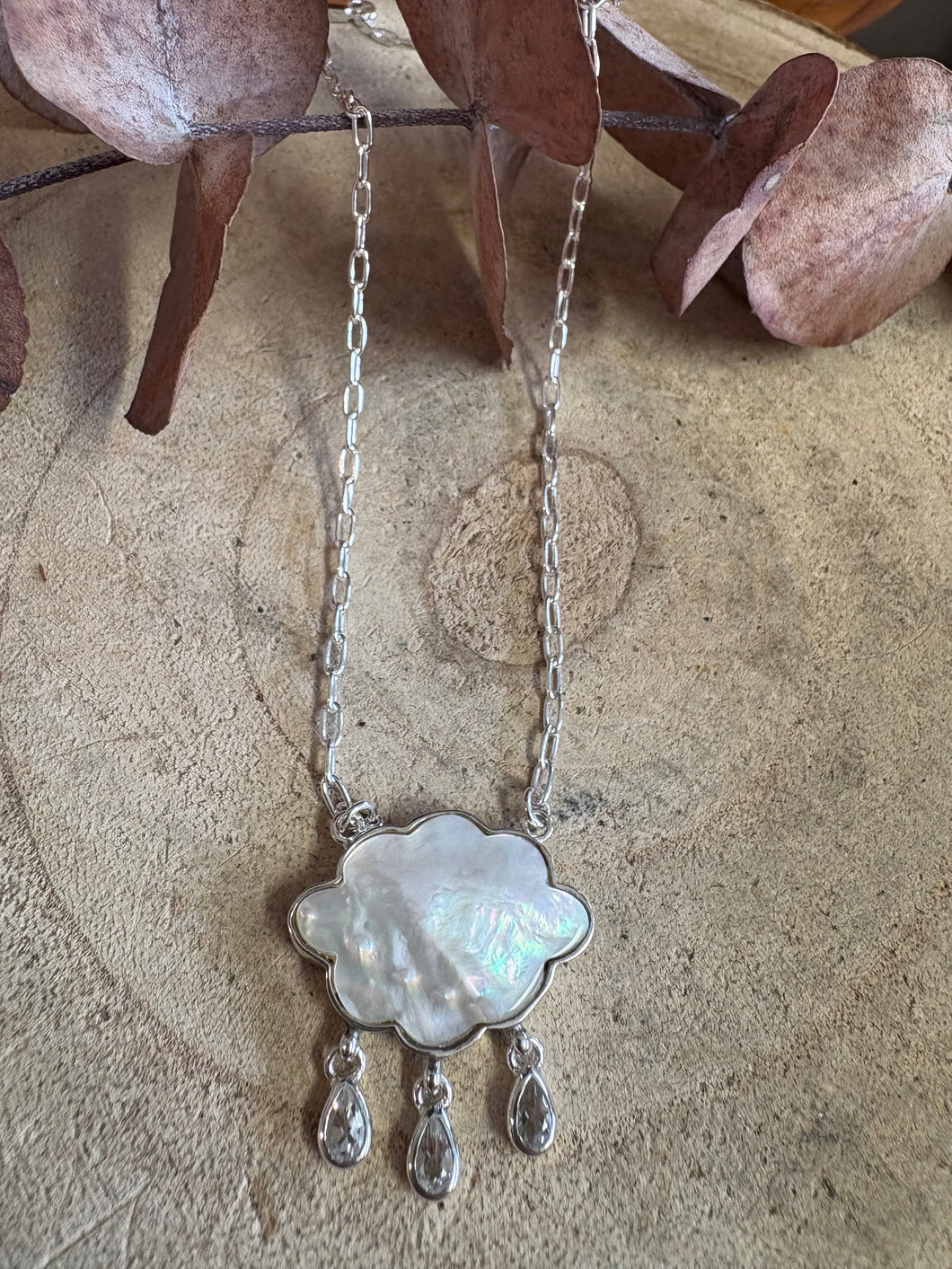 Entia Sterling Silver Mother of Pearl Cloud & White Topaz Raindrop Necklace SKU 26032