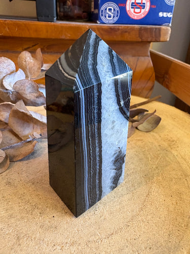 Black Banded Agate & Quartz Obelisk SKU 25071
