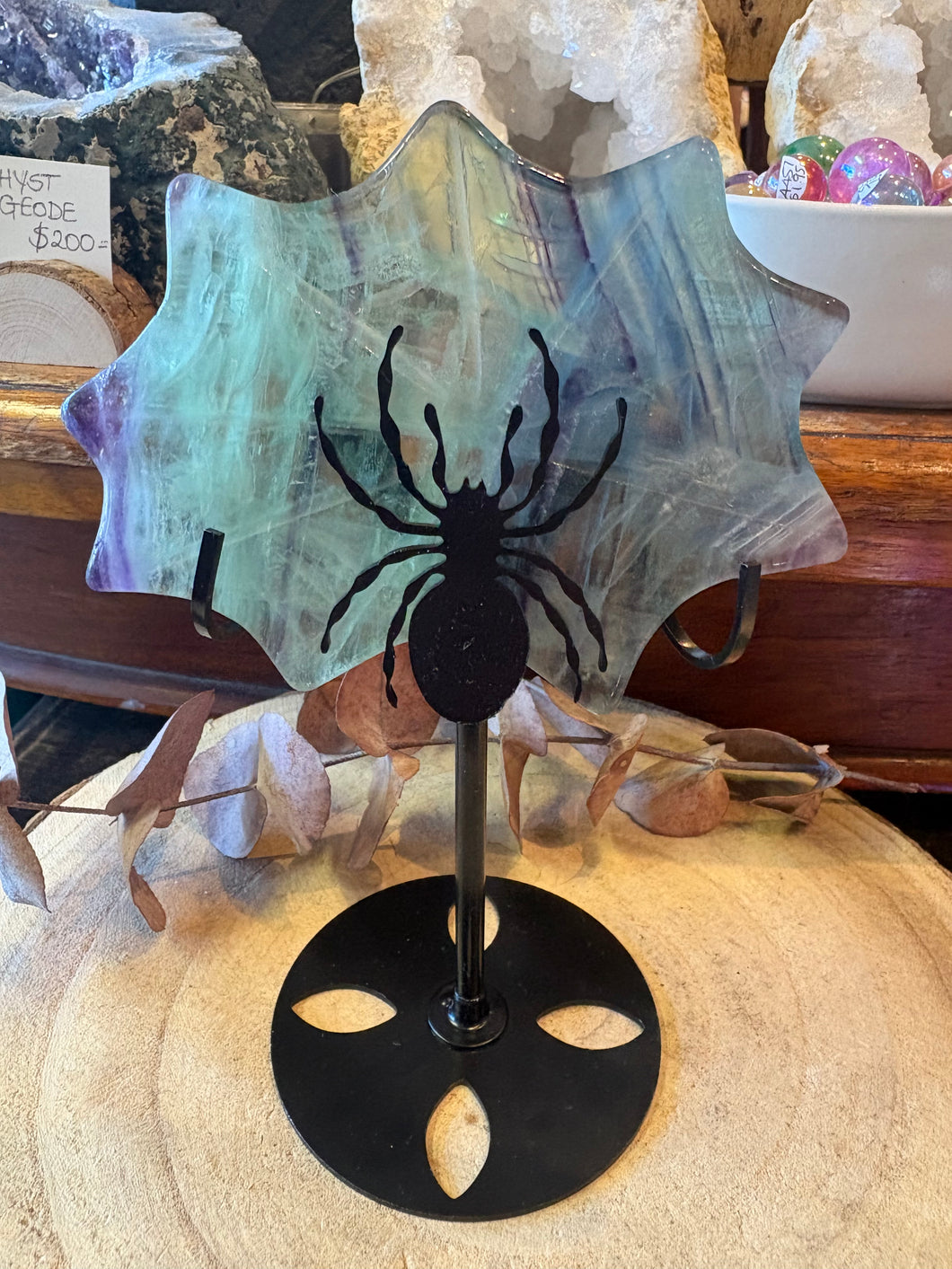 Rainbow Fluorite Web & Spider Display Piece SKU 26717