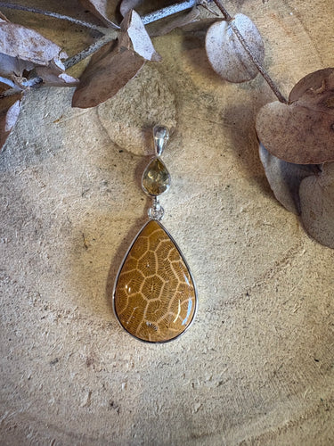 Entia Sterling Silver Fossilised Coral & Citrine Pendant SKU 24854