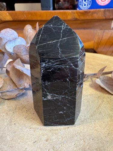 Black Tourmaline & Hematite Point SKU 25208