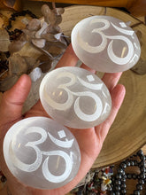 Selenite ‘Om’ Palm Stone SKU 24372
