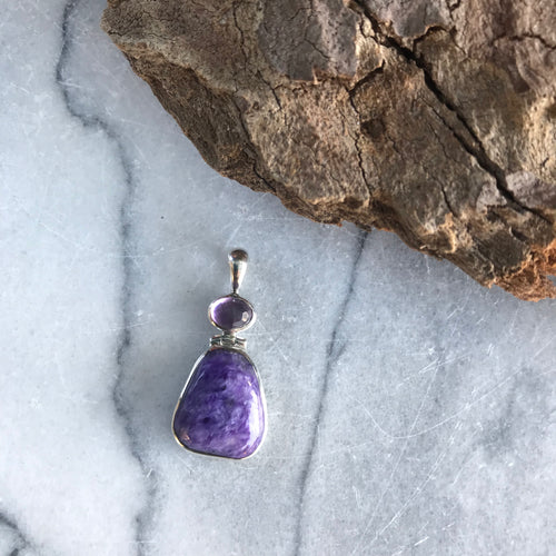 Entia Sterling Silver Charoite and Amethyst Pendant SKU 20897