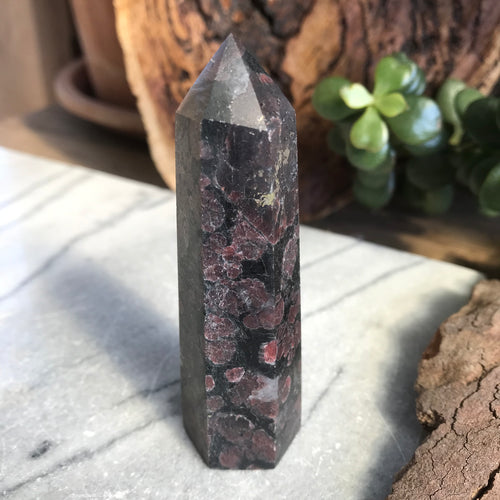 Garnet in Arfvedsonite Point SKU 20428