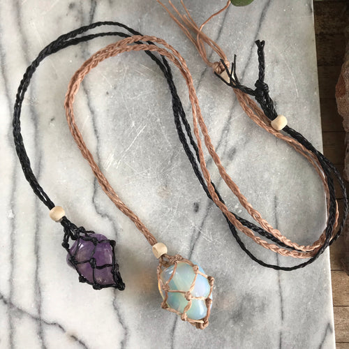 Waxed Macrame Crystal Pouch Necklace