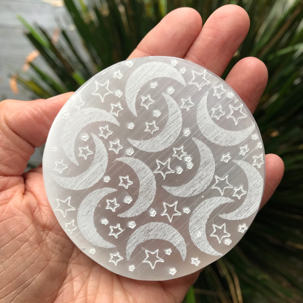 Selenite Star and Moon Discs SKU 17728